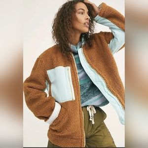 We the Free People Rivington Sherpa Brown Colorblock Fleece Mixed Media Coat